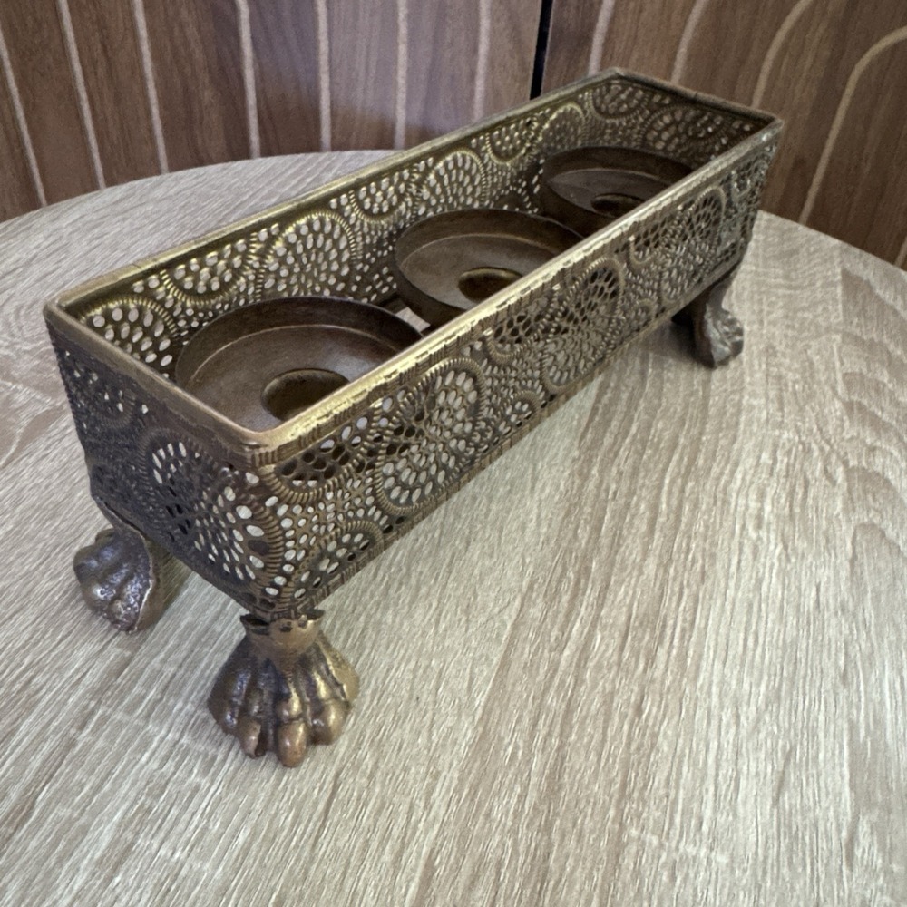 Brass Filigree Footed Decorative Tray Candle Holder Victorian MCM 9" Ornate
